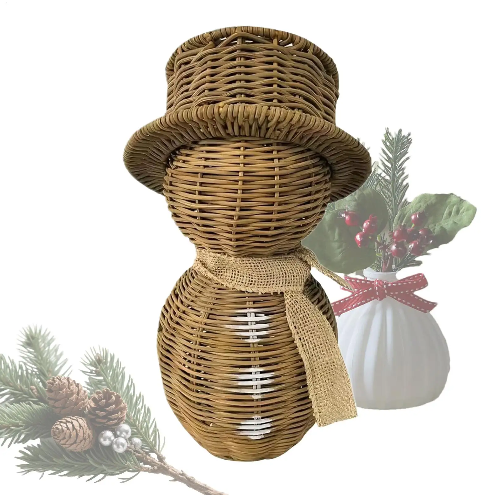 17 Inch Artificial Imitation Rattan Snowman Winter Rustic Snowman Figurine With Hat Farmhouse Table Centerpieces Christmas Decor