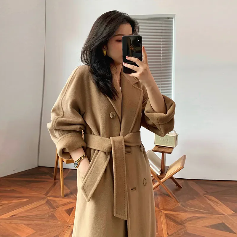 2024 autunno inverno nuova giacca di lana in pile a doppia faccia soprabito da donna moda allentata cintura di media lunghezza Trenchcoat di lana