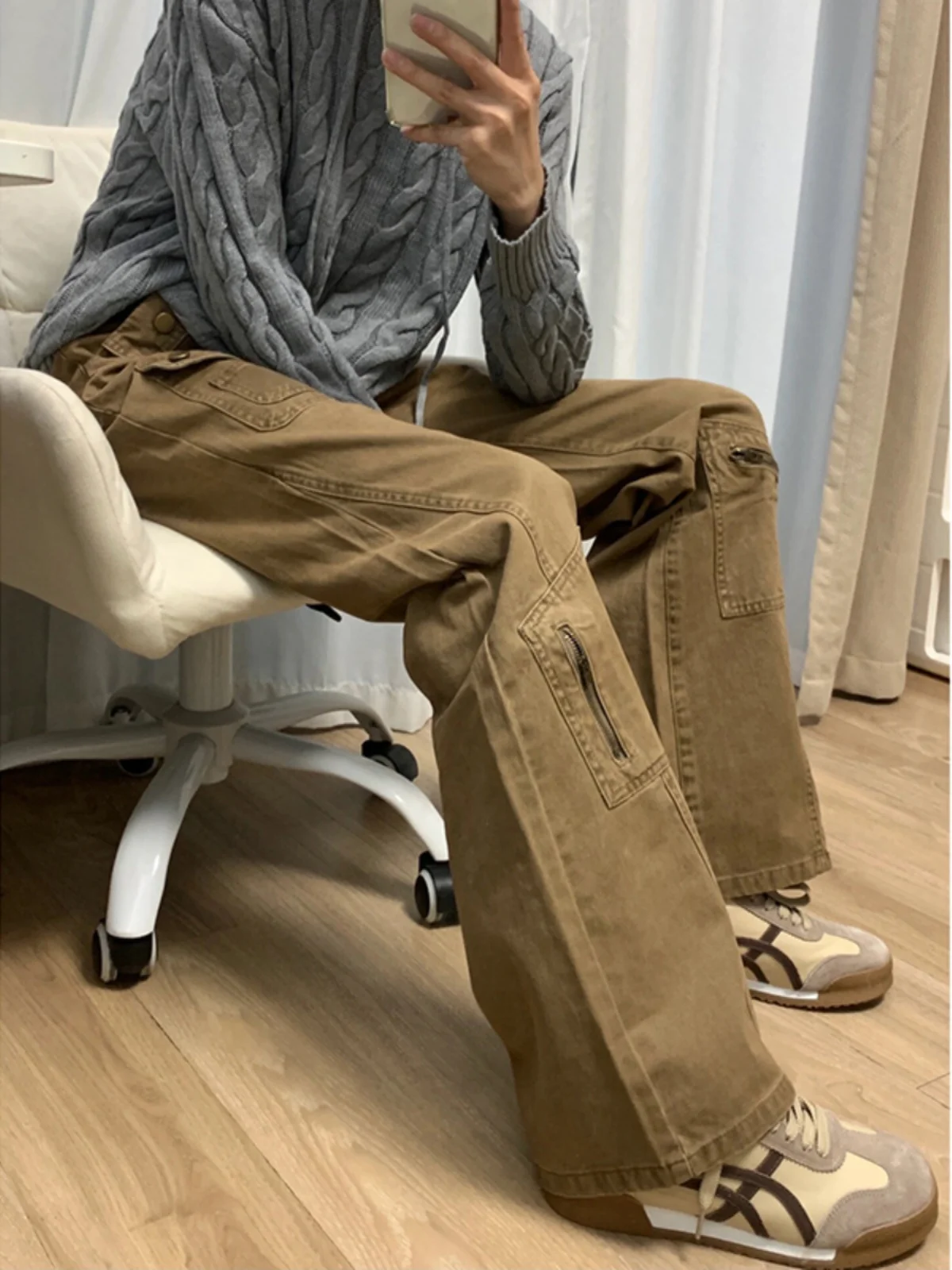 American Style Workwear Pants Multiple Pockets Bell Bottoms High Street Logging Men's Women's Retro Vibe Straight Leg Jeans