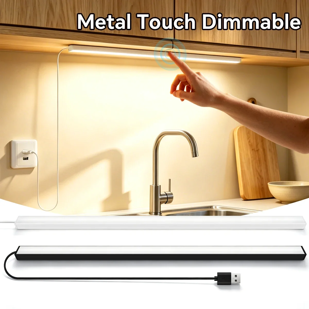 USB Under Cabinet LED Light Bar, Metal Touch Control Stepless Dimmable, Aluminum Shell Warm & White Light, Easy Installation