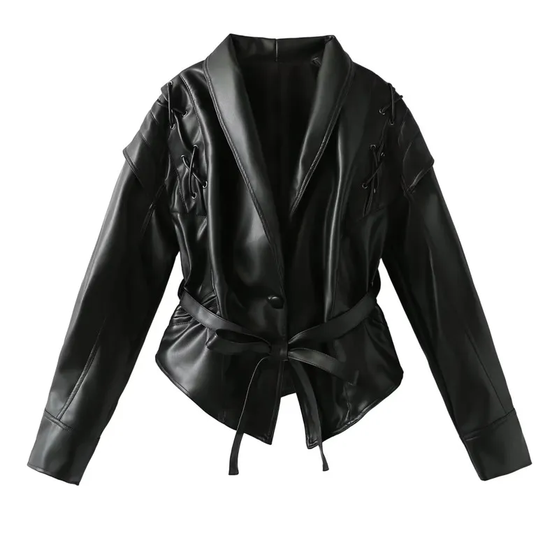 Abrigo de motocicleta de Pu para mujer, chaqueta de piel sintética con cuello en V, ropa de abrigo informal a la moda con cinturón, color café negro, primavera y otoño