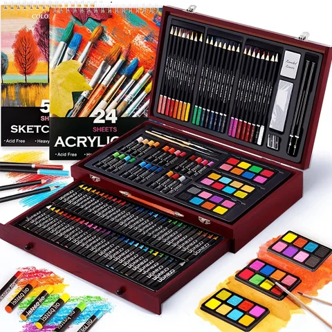  142-Pack Deluxe Wooden Art Set, With Paint Brushes, Colored Pencils, Solid Gouache, Crayons, Wooden Storage Case, All-in-One Kit For Back To School Gift & Outdoor Travel Sketching