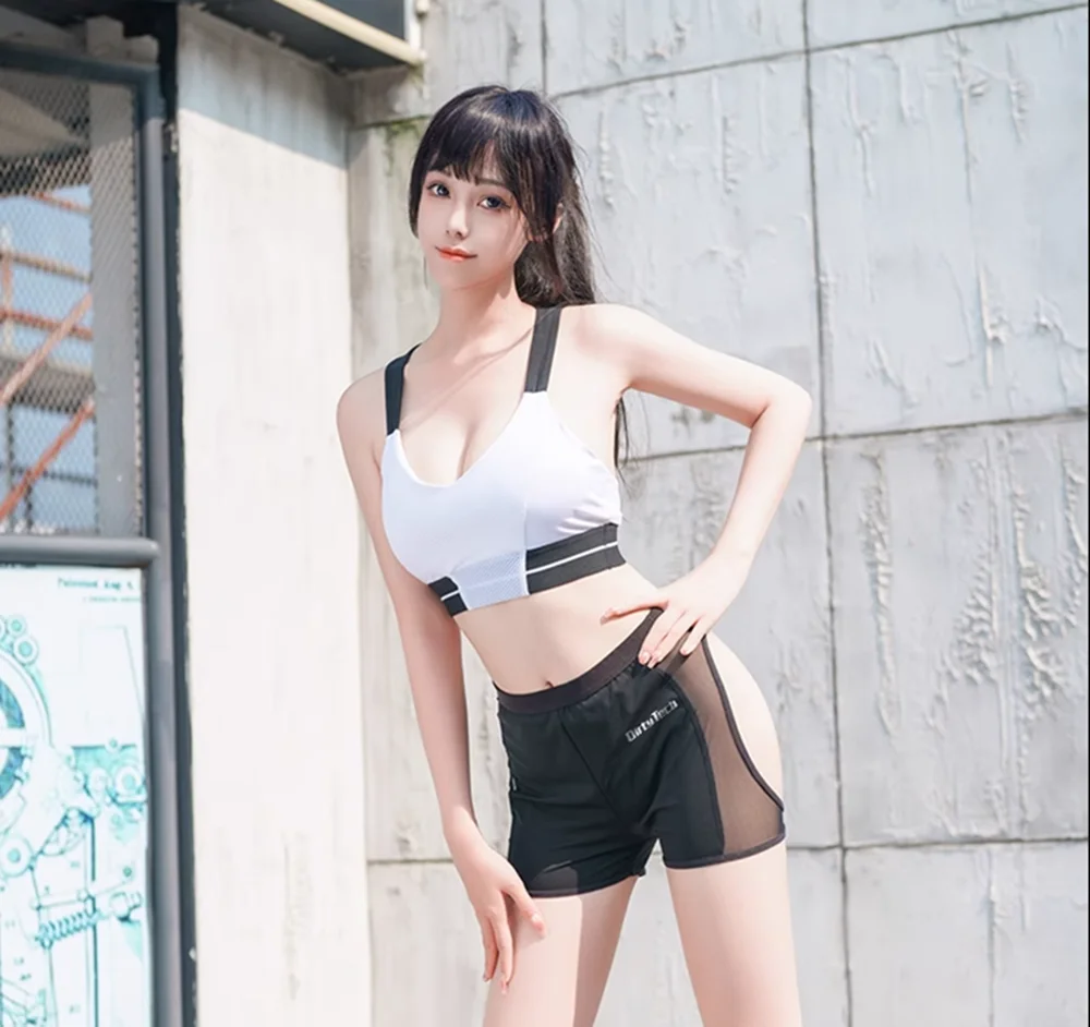 Two-Piece Suit Blocking Split Sports Swimsuit Sexy Short Sleeve Brief Tight Girl Hot Sexual Women Spa Suitwear Cosplay costume