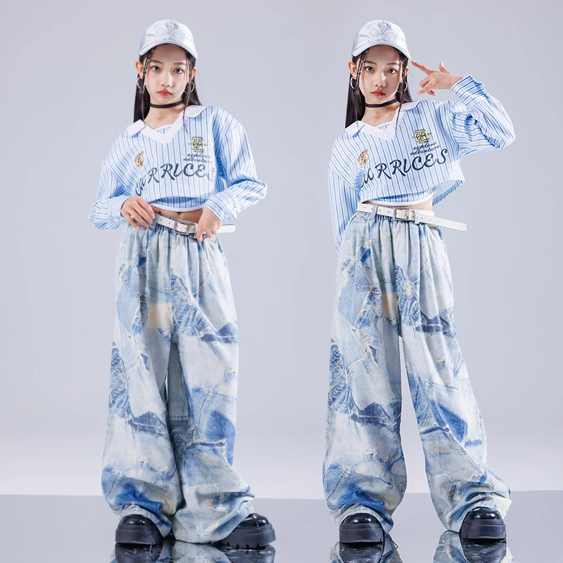 Hip Hop Outfits Girls Blue Shirt Tie Dye Graffiti Cargo Pants Skirt Girls Streetwear Kids Child Streetwear Dance Clothes Sets