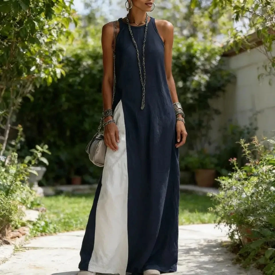

Soft Comfortable Dress Women's Flowy Maxi Dress with Side Split Pockets Sleeveless Summer Tank Top Sundress Casual Beach Crew