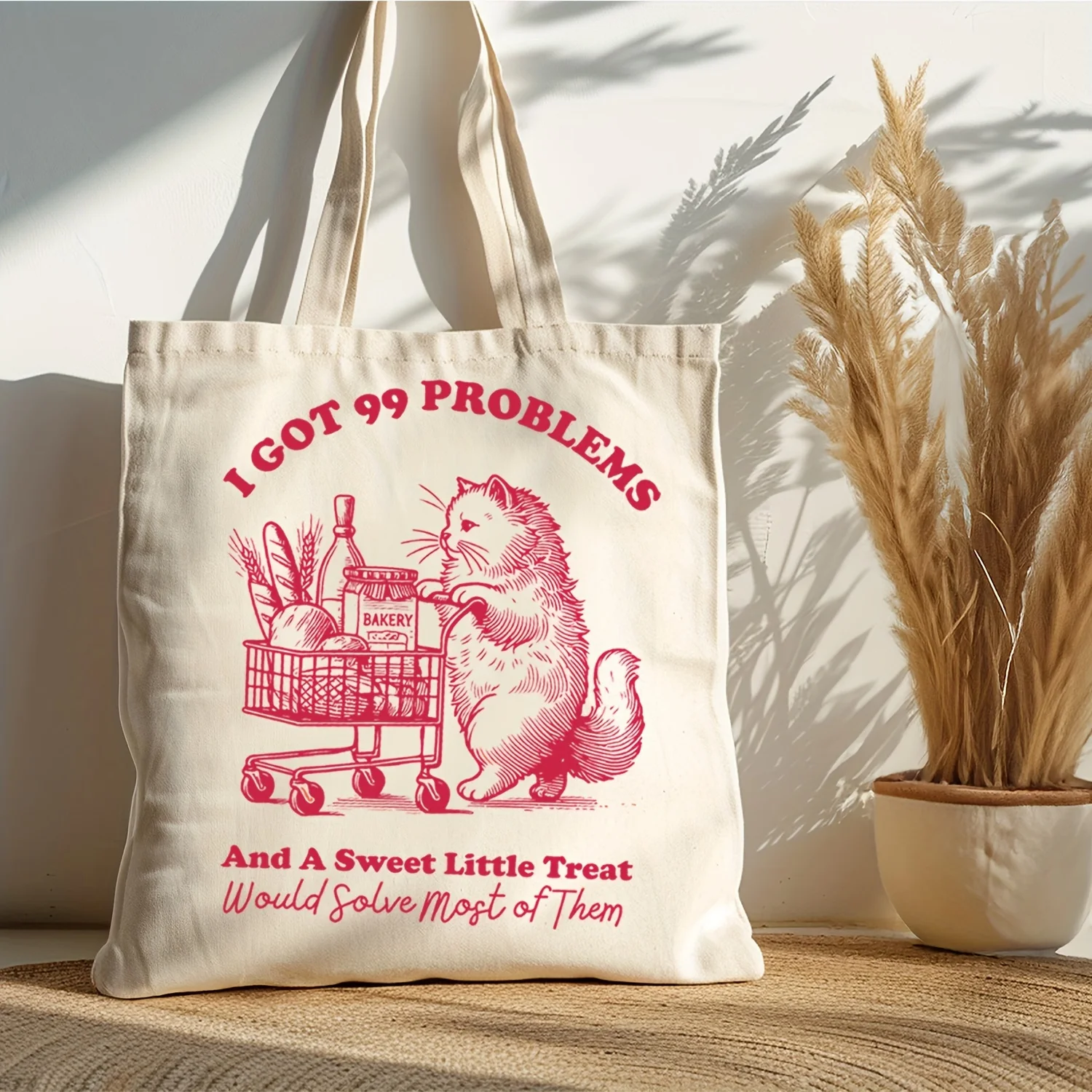 

Canvas Handbag for Shopping with Cute Cat. I Have 99 Questionsdesign with Cat Cartoon Illustrations