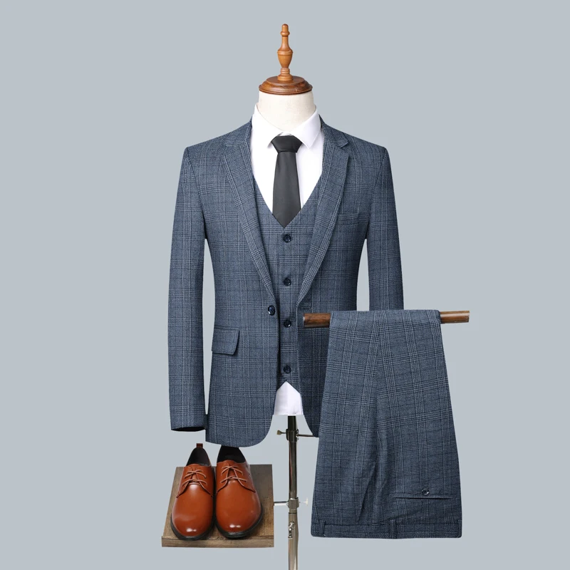 The main fashion new slim-fit plaid suit + waistcoat + dress pants handsome business casual wedding three-piece men\'s clothing