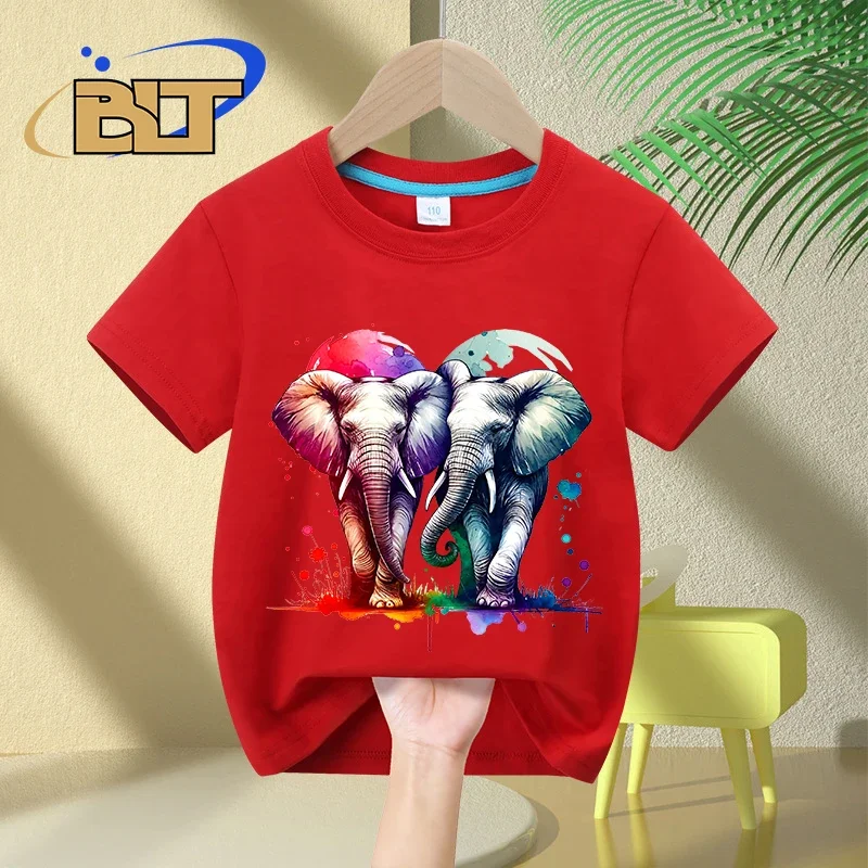 Camiseta infantil de manga curta, estampa aquarela, elefantes entrelaçados, tops casuais para meninos e meninas, verão