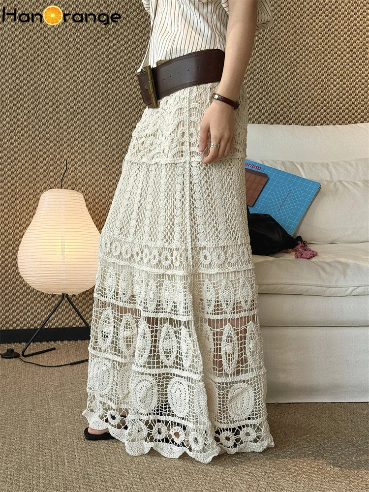 HanOrange 2026 Summer Bohemian Style Flower Hollow Elastic Waist Skirt Handmade Feeling Long Skirt Beige