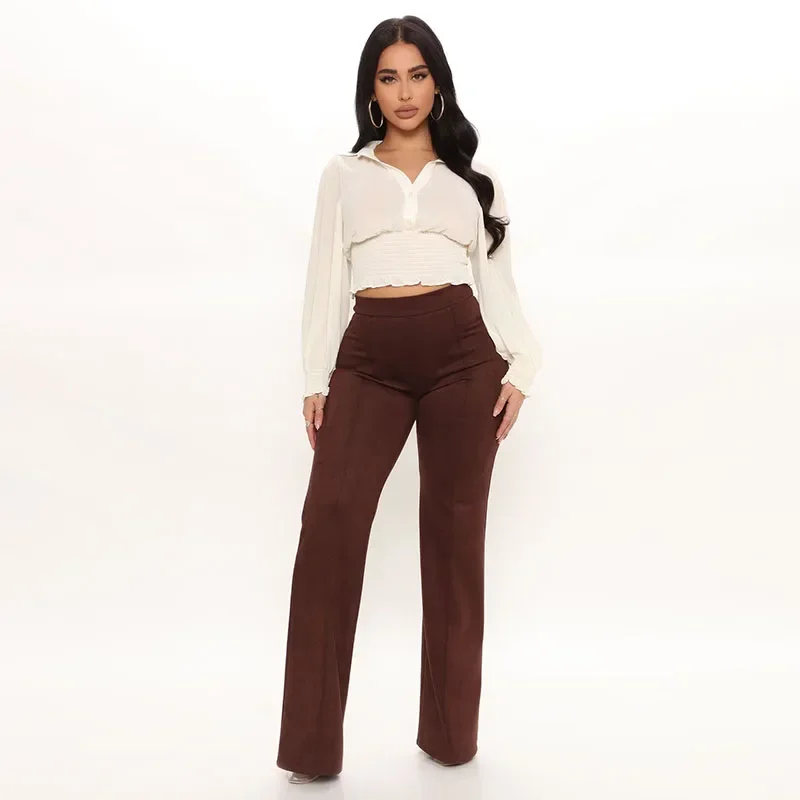 

Women's Faux Suede Straight-leg Pants High Waist Slim Stretch Leather Trousers Office Seamless Leggings Autumn Custom Fit