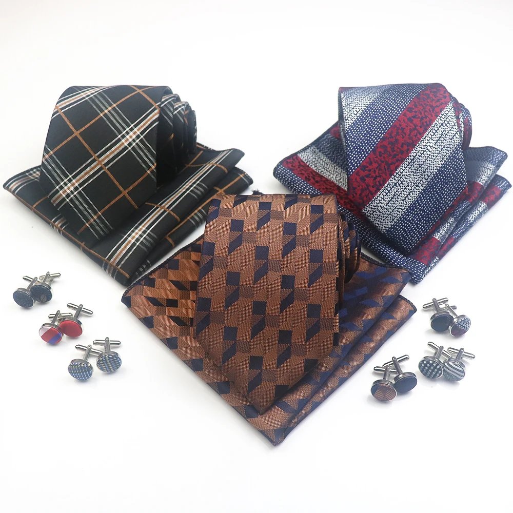 

3pcs Neck Tie Set 8cm Classic Plaid Brown Navy Neckties Polyester Striped Pocket Square Cufflinks Formal Dress Suit Accessories