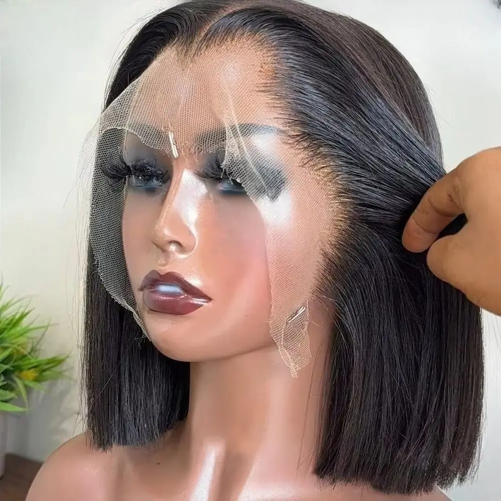 Black Bob 13x4 Hd Lace Front Wig Straight M Shaped Hairline Glueless Synthetic And Blend High Quality Wig For Women Daily Use