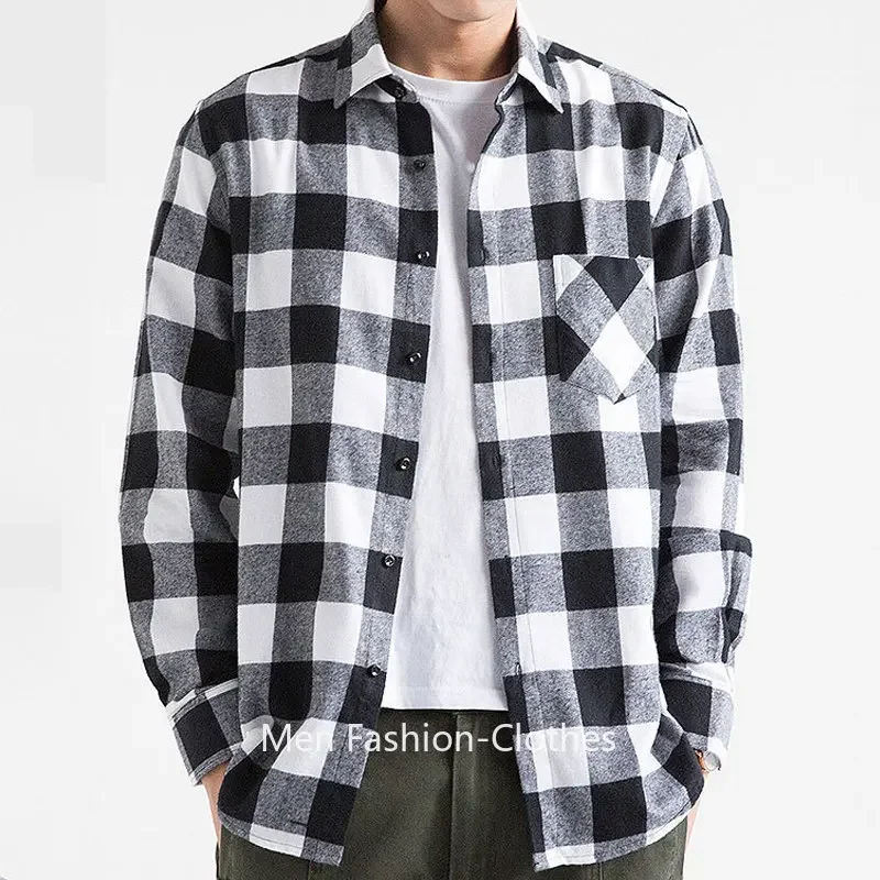 2024 Autumn 100% Cotton Man Plaid Shirts Cotton Chemise  Male Blouses Casual Long Sleeve Formal Business Shirt  Men\'s Clothing