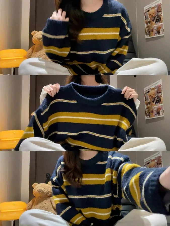 

Loose Long Sve round Ne Pullover Striped Sweater Comfortable Casual Sle Knitted Top for Women Autumn Season Faion