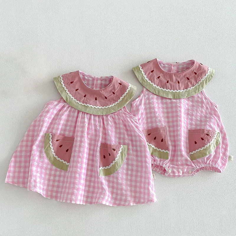 2026 Summer New Baby Bodysuit 6-24M Sweet Cartoon Watermelon Girls One Piece Thin Loose Grid Toddler Clothes