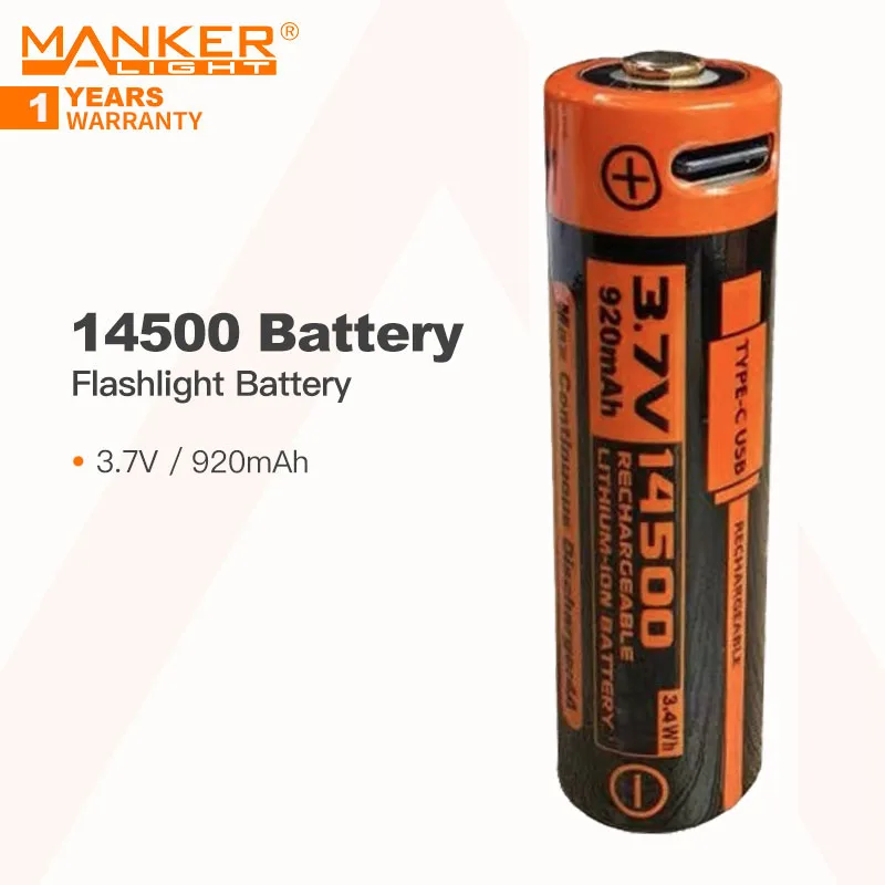 Manker 14500 Battery for Flashlight, 3.7V / 920mAh, with Charging Port