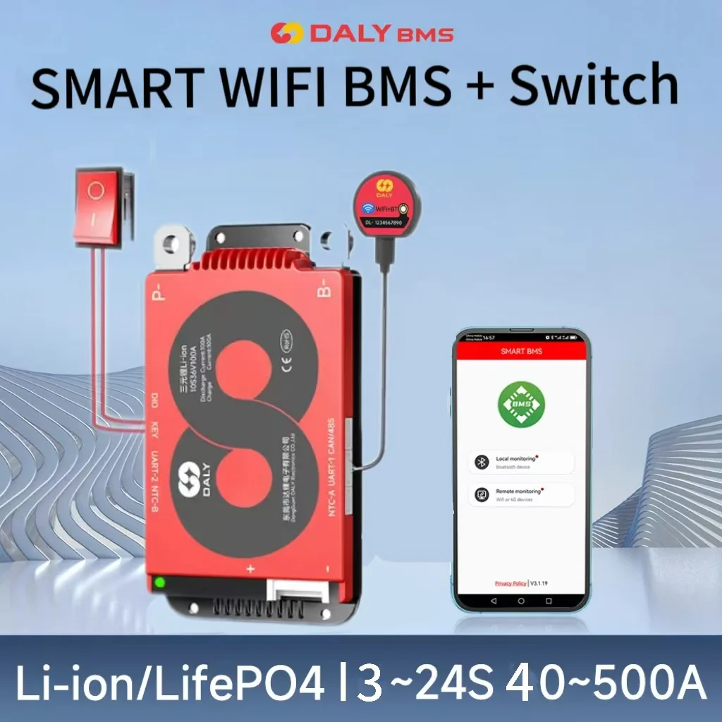 Daly Smart WIFI BMS Switch RS485 CAN Lifepo4  4S 12V 8S 24V 16S 48V 24S 72V 40A 60A 100A 150A 200A 250A Li-Ion  7S 13S 14S 48V