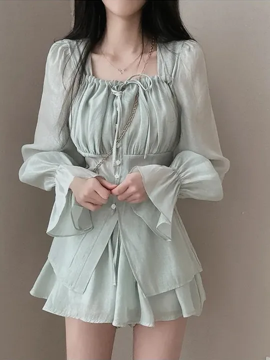 Chic Sun Protection Bell Sleeve High Waist Short Pants Set Long Sleeve Shirt Top Korean Style Women's Fashion Spring Autumn W...
