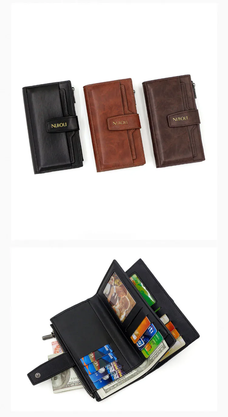 Vintage Crazy Horse Leather Men's Wallet - 3-Fold Buckle, Multi-Function, Multi-Card Holder, Large Capacity Business Long Wallet