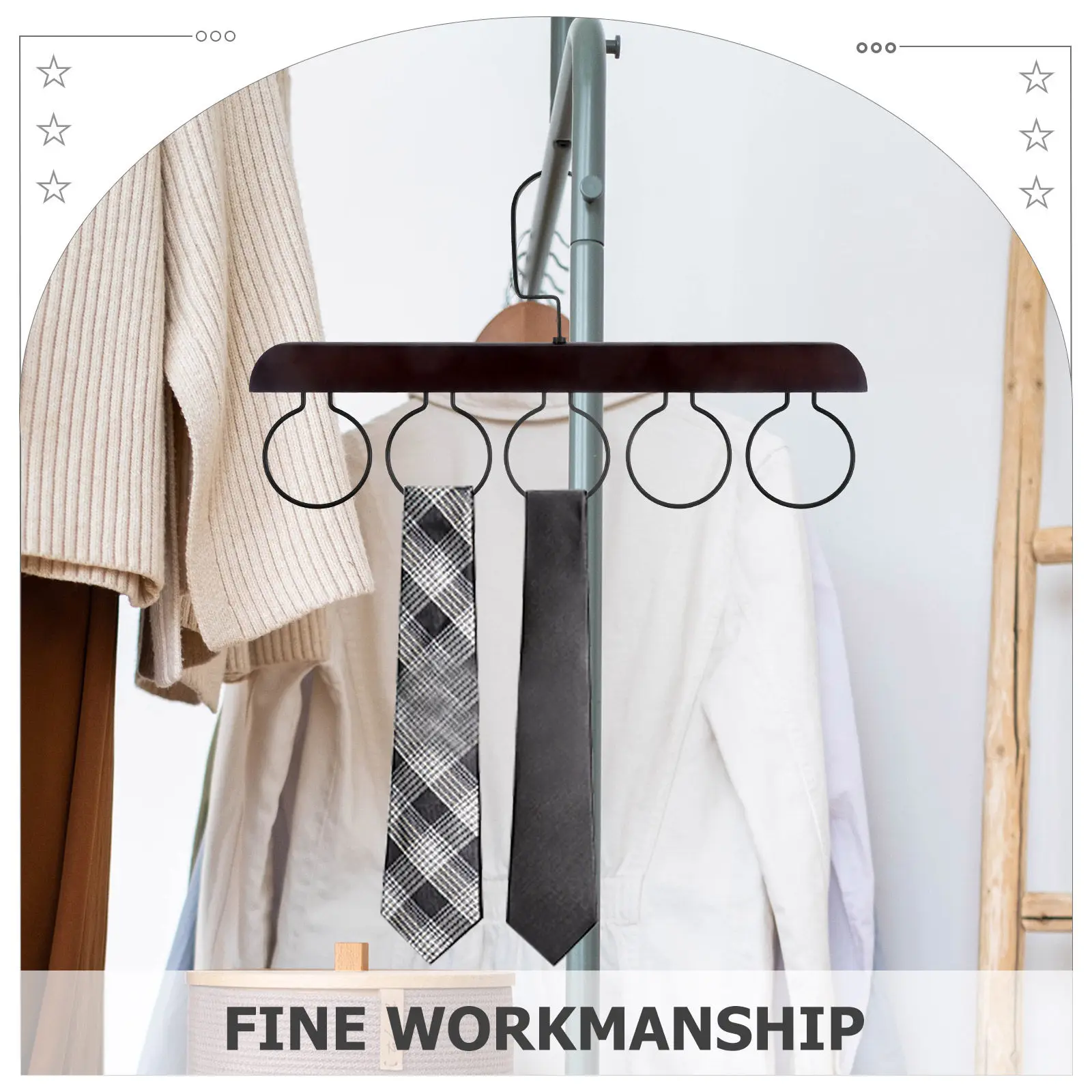 Wooden Necktie Holder Rack Retro Color 5-Loops Multifunctional Closet Organizer for Ties Scarves Belts Shawls Necktie Hanger view 4