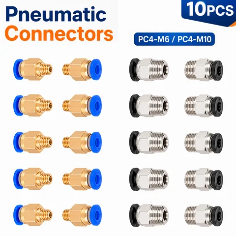 10pcs Pneumatic Connectors For 3D Printers Parts PC4 M6 M10 Quick Jointer Coupler 1.75/3mm Pipe Fittings PTFE Tube 2/4mm