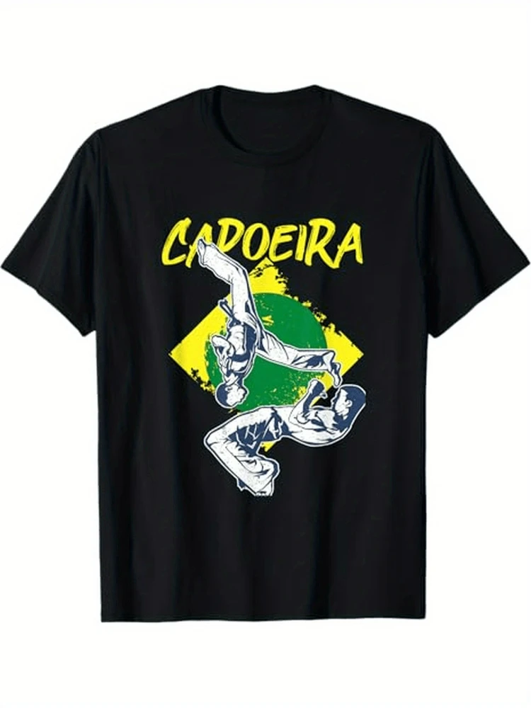 T-shirt printed with Brazilian Capoeira martial arts-fighter pattern, green circle and LAPOERIRA text -100% cotton short sleeve.