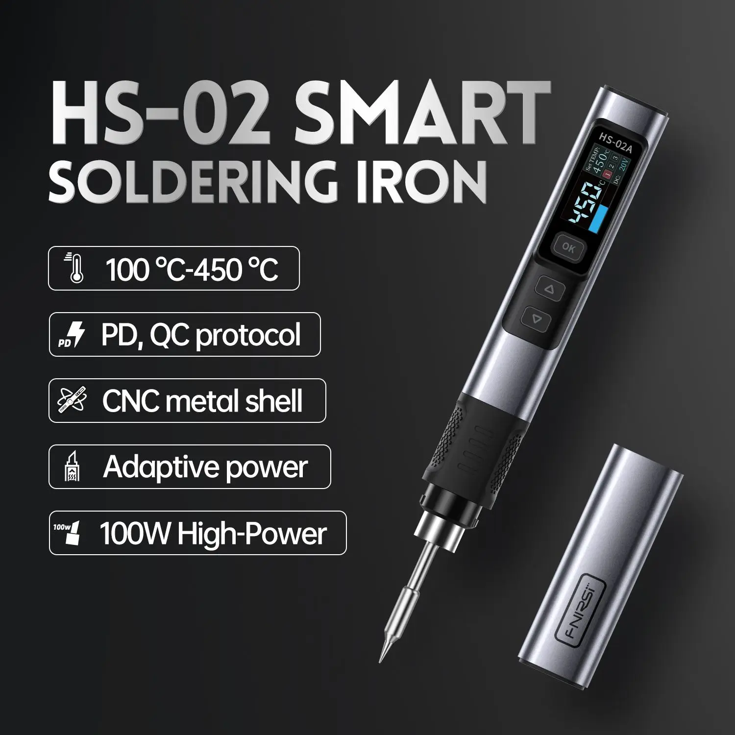 

FNIRSI HS-02 PD 100W Adjustable Temperature Soldering Iron DC 24V 100-450℃ Welding Solder Rework Station Portable Repair Tool