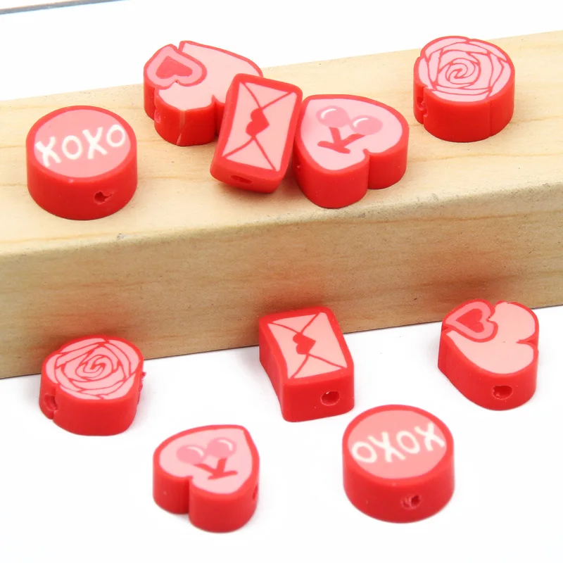 7x10mm Red Pink Polymer Rose Love Heart Envelope Clay Bead For DIY Couples Jewelry Making Handmade Necklace Bracelet Accessories