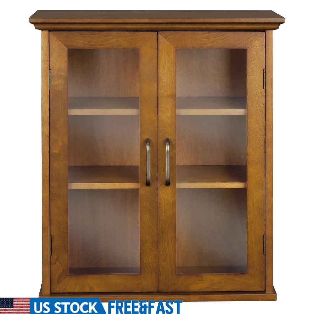 

Two-Door Removable Wall Cabinet Adjustable Shelves Glass Panel Doors Oiled Oak Finish Bathroom and Kitchen Storage Solution