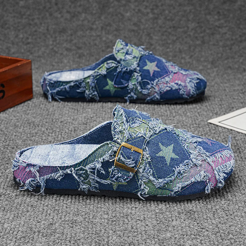 

Raw Edge Denim Mules with Distressed Tassel Design, Vintage Lazy Style, Slip-On Loafers, Versatile and Comfortable.