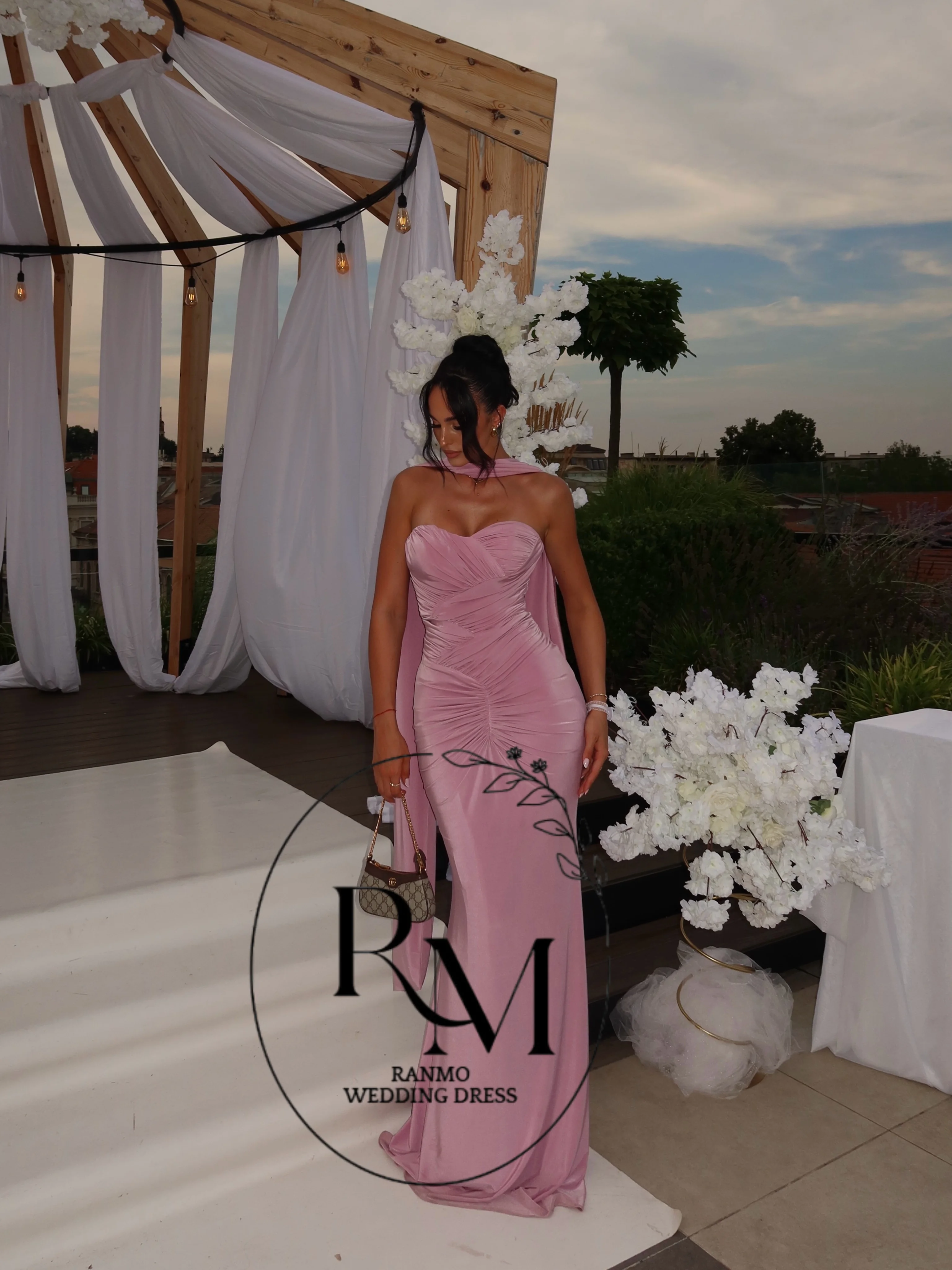 Ranmo Customized Elegant Pink Mermaid Prom Dresses Sweetheart Sleeveless Maxi Party Dresses With Scarf Gala فساتين سهرةProm Gown