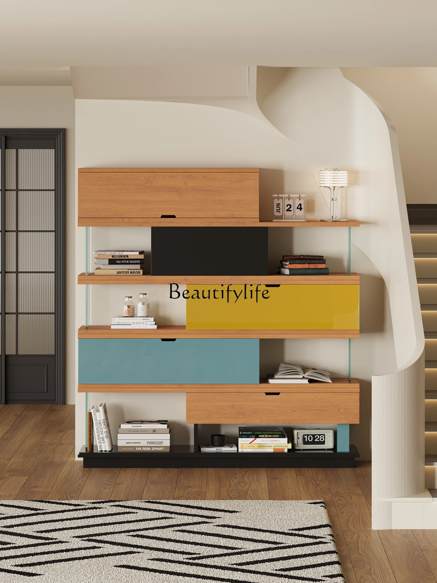 

Solid wood glass flip shelf living room display bookshelf storage cabinet