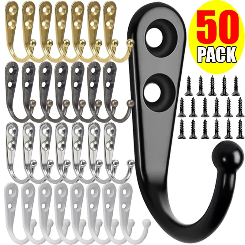 50/1ชุดตะขอโลหะย้อนยุคตะขอแขวนติดผนังขนาดเล็กที่มีสกรูสำหรับแขวนกระเป๋าผ้าเช็ดตัวกุญแจอุปกรณ์ห้องอาบน้ำห้องครัวบ้าน