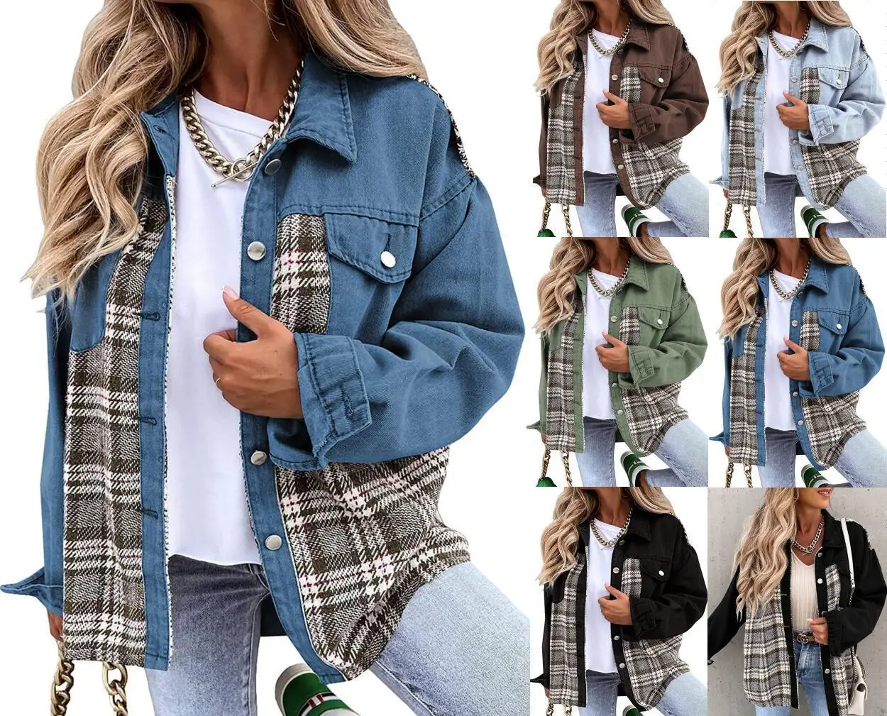 Autumn and Winter Long Sleeved Plaid Color Block Shaking Button Shirt Collar Denim Jacket for Women