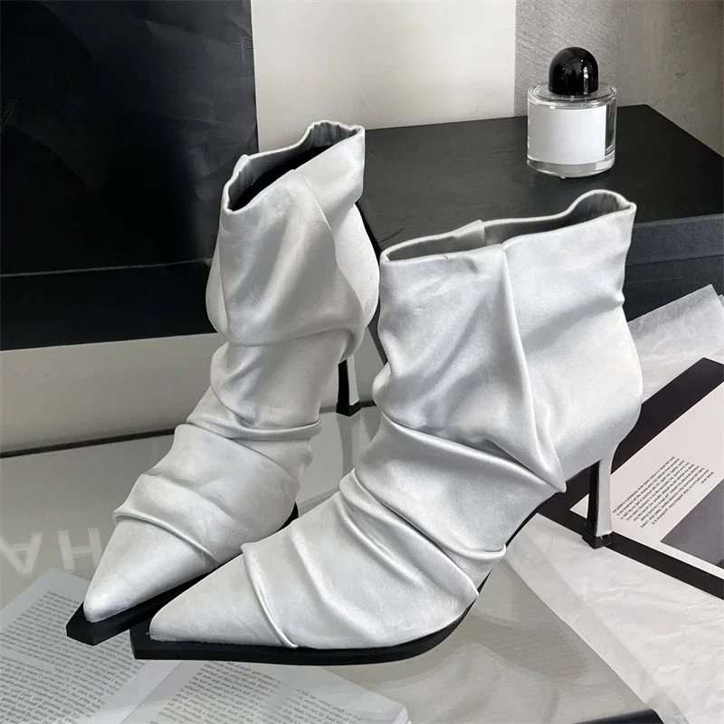 2024 New Denim Pleated Women Ankle Boots Women Autumn Winter Sexy Pointed Toe Thin Heels Women Shoes Zip Pumps Botas Mujer