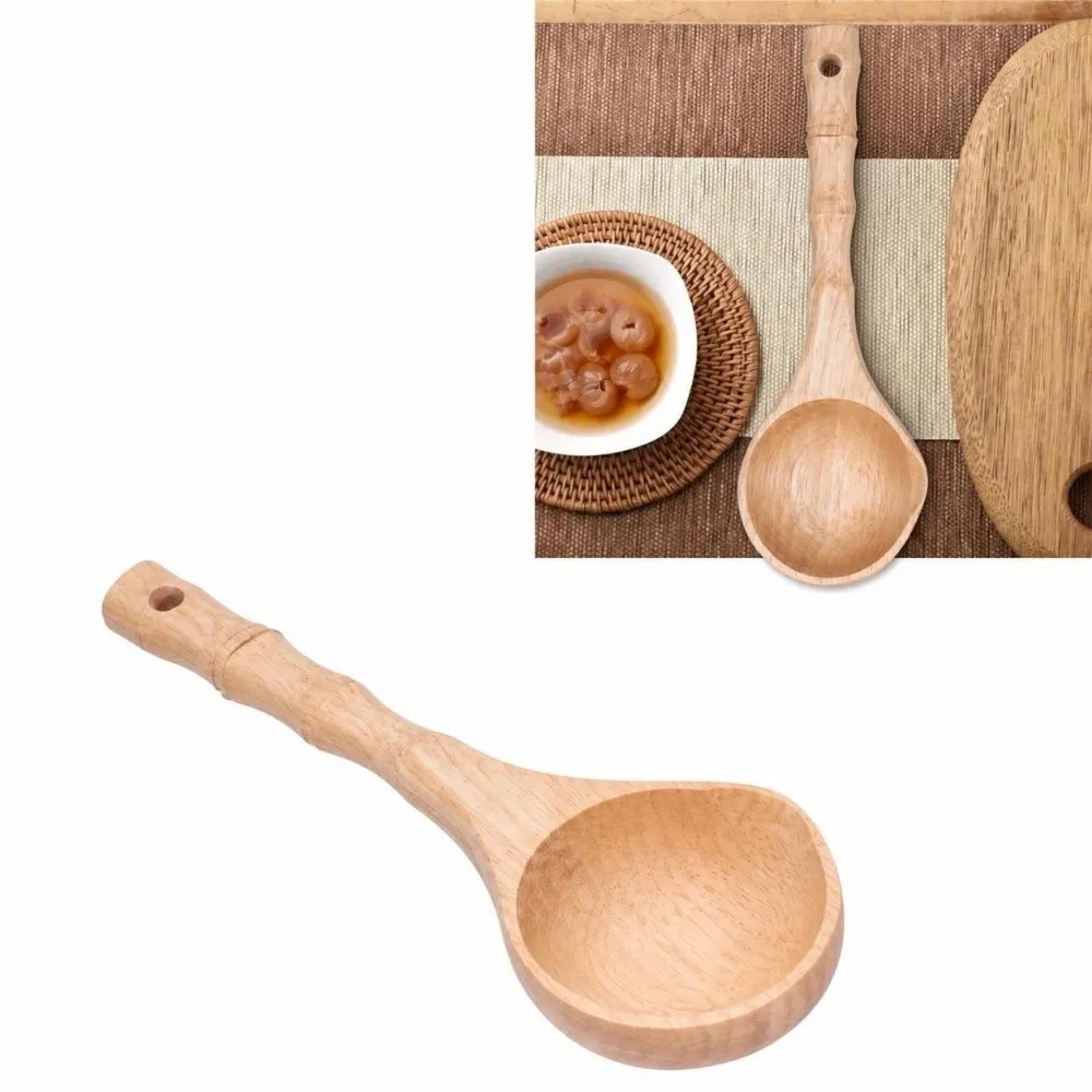 Solid Wood Spoon Wood Grain Texture Bamboos Joint Segmented Soup Spoon Practical Smooth Polished Porridge Scoop Soup Serving