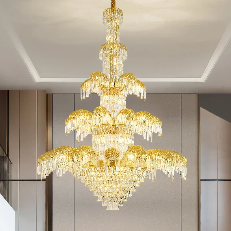Modern Luxury Crystal Pendent Lamp European Classical Living Room Restaurant Hanging Lamp Villa Hall Duplex Staircase Chandelier