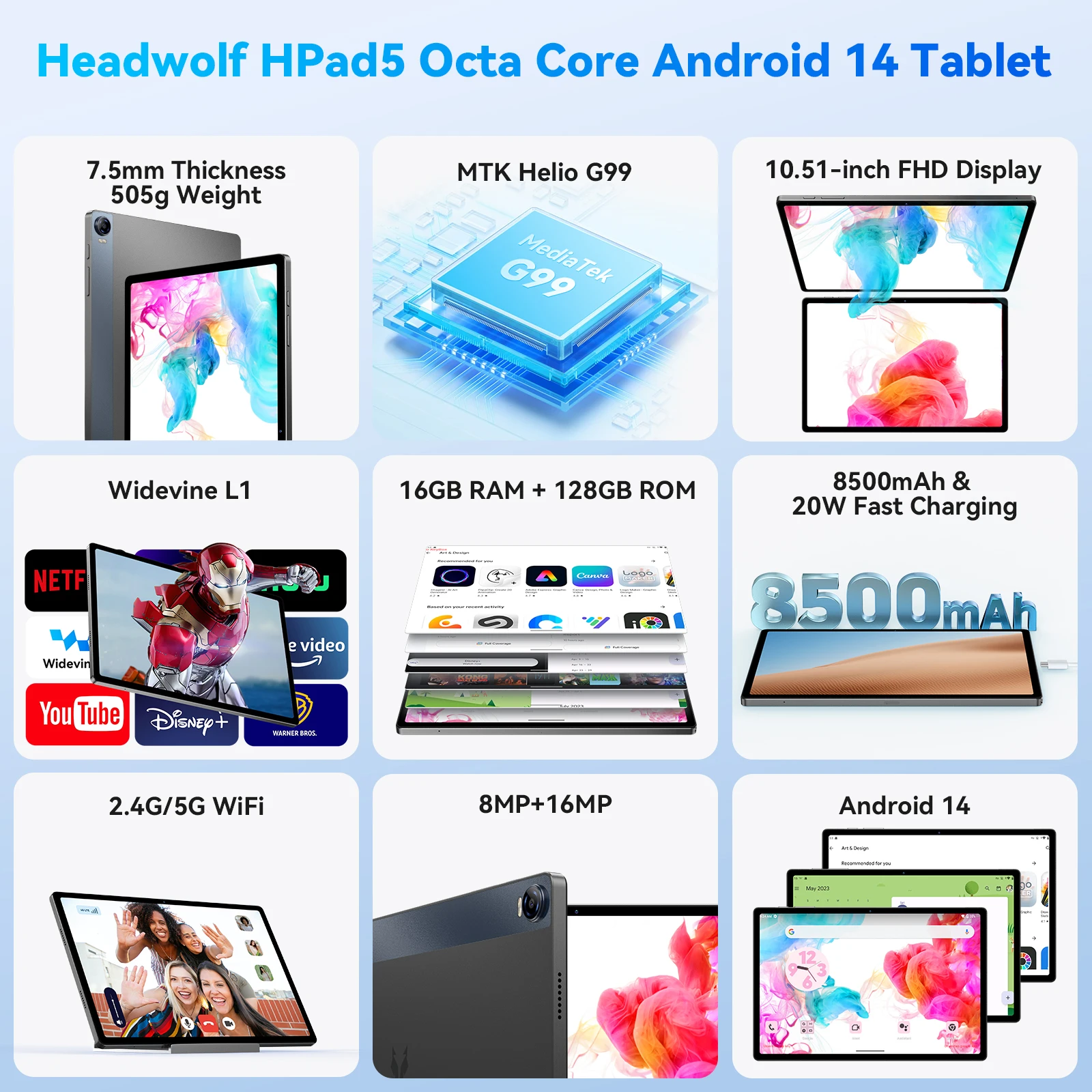 Imagem -02 - Headwolf-hpad Android 14 Tablet 16gb de Ram 128gb de Rom Telefone Lte Chamada pc Widevine l1 8500 Mah Câmera 8mp Mais 20mp 105 Max