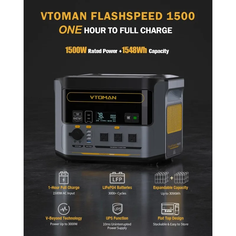 VTOMAN FlashSpeed 1500 Portable Power Station 1500W (3000W Peak), 1548Wh Backup LFP Battery Generator