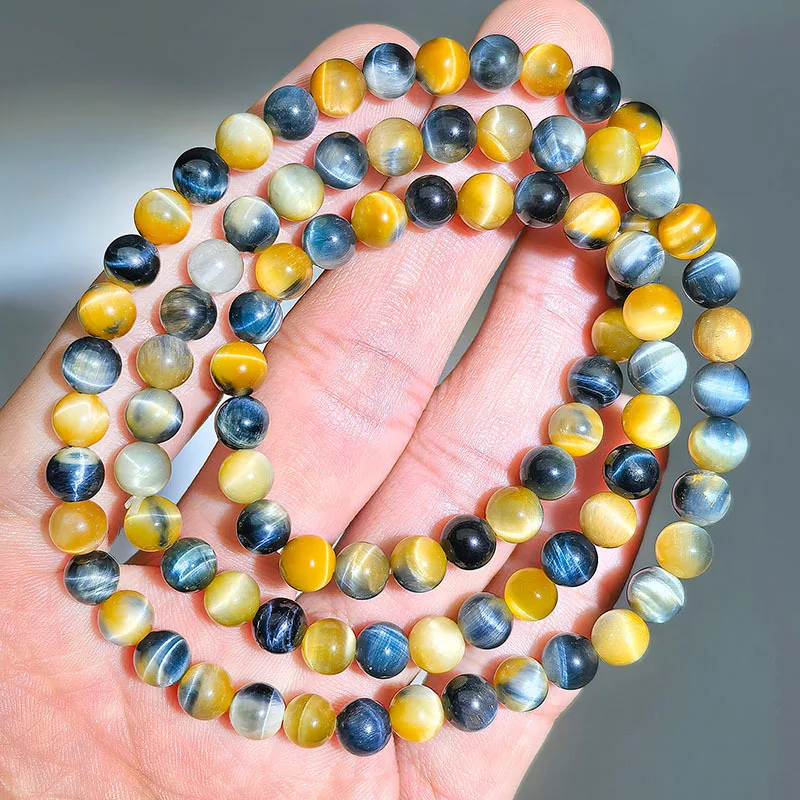 Natural Ethereal Gold-Blue Tiger Eye Triple Wrap Bracelet