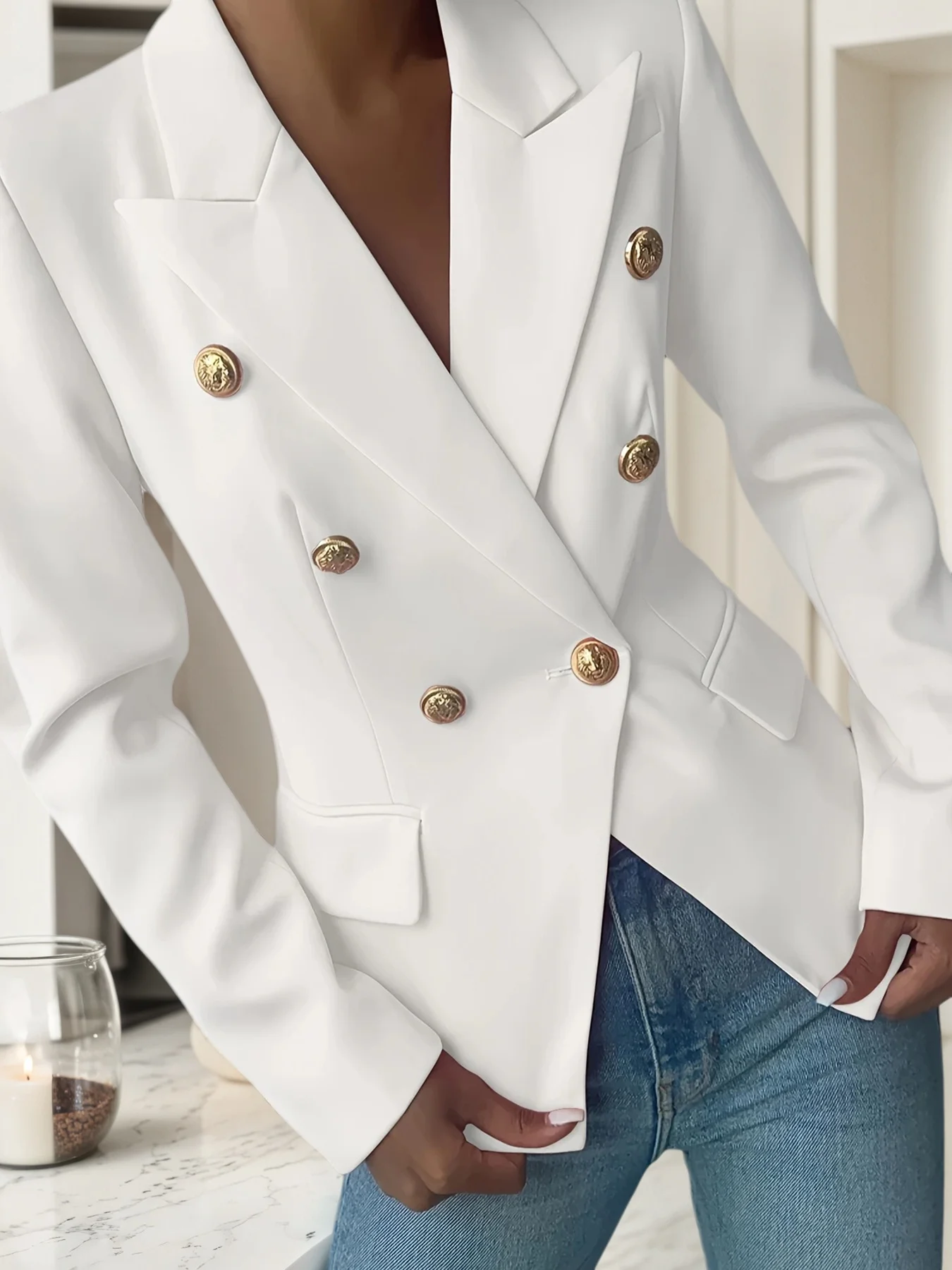 New Pure White Women's Elegant Double-Breasted Lapel Long-Sleeved Suit Jacket, High-Quality Classic Suit Jacket, Suitable for [Of/From - Context Needed for Best Choice]