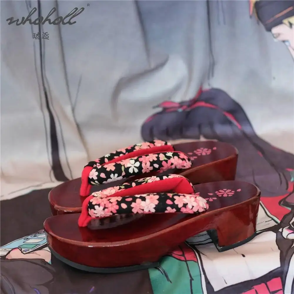 WHOHOLL 여성용 일본식 나무 게타 슬리퍼 여름용 플립플롭 사쿠라 프린트 코스프레 여성 신발