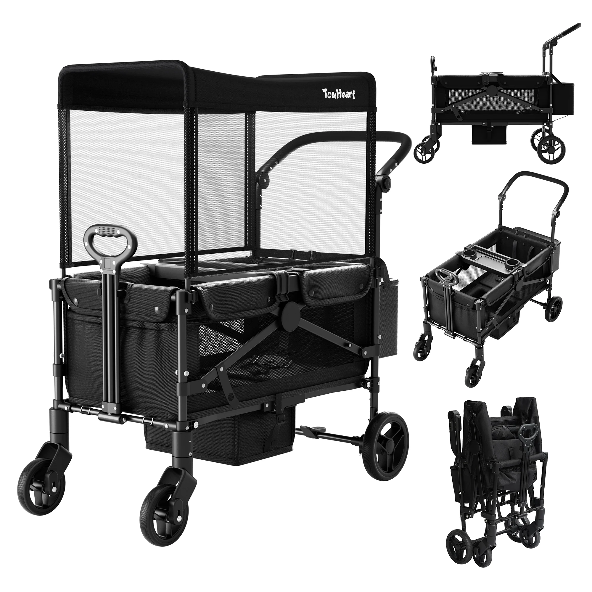 

Детская прогулочная коляска-вагон TouHeart на 2 места для 2 детей, складная, вседорожная, с навесом, грузоподъемность 220 фунтов (100 кг)