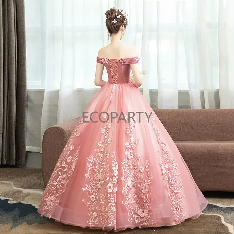 2023 Vestidos Para Fiestas Elegant Pink Lace Embroidery Off Shoulder Party Prom Ball Gown Evening Quinceanera Dresses for Women