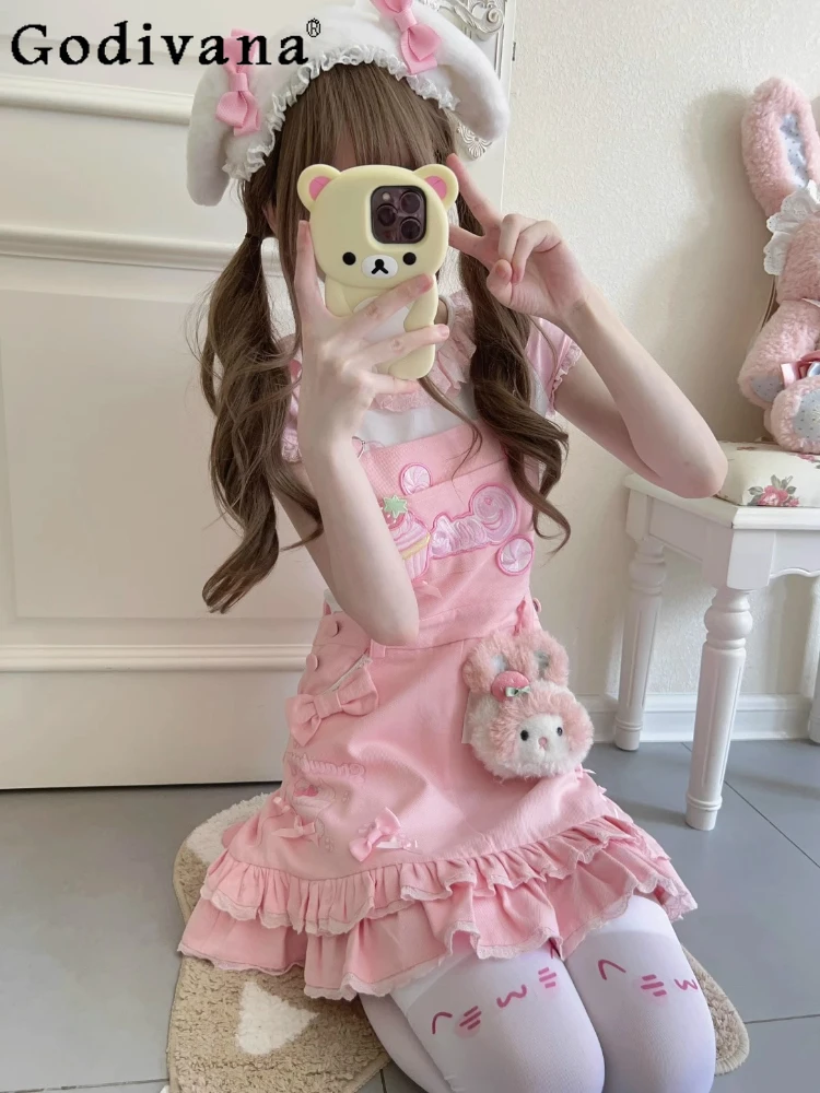

Original Y2k Strawberry Embroidery Pink Strap Skirt T-Shirt Socks 3 Piece Sets Summer Girls Student Daughter Kawaii Clothing