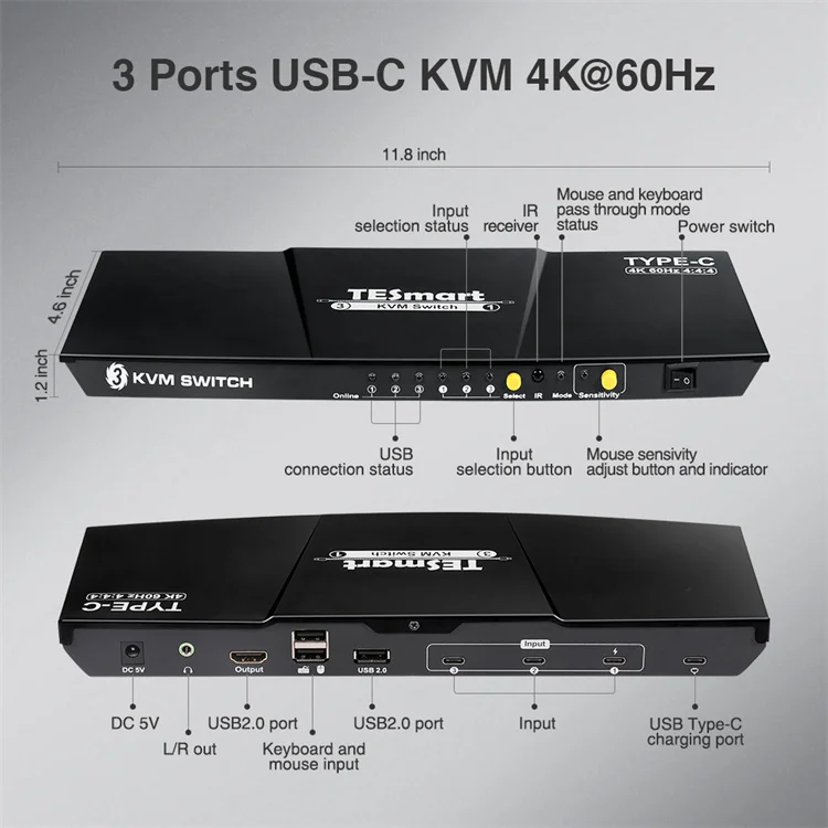 TESmart KVM Switch with 3 USB C Input Port 1 HDMI Output HDCP 2.2 L/R Audio Out HDR 10 EDID Type C 3X1 4K 60HZ KVM Switches