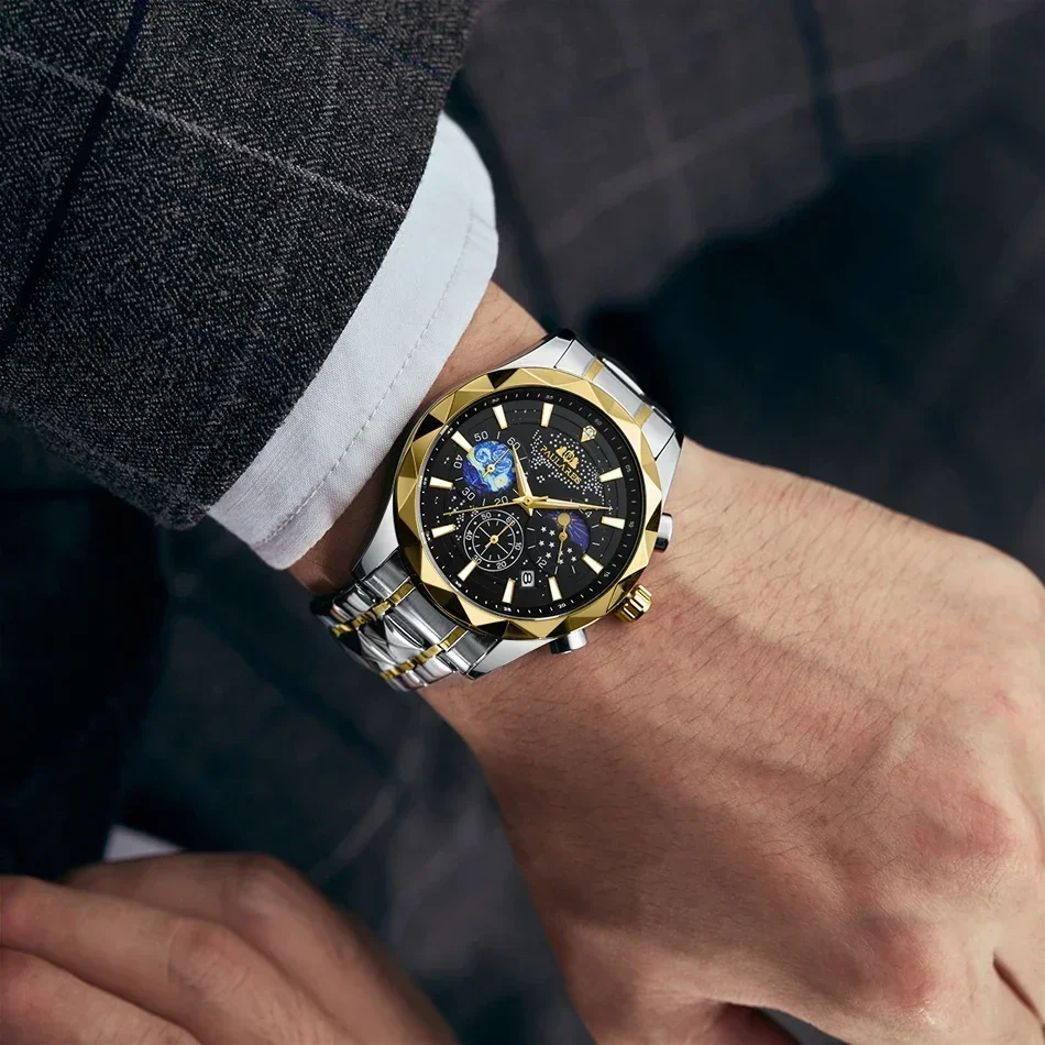 Светящийся хронограф, золотой, синий, зеленый кварцевый Повседневный бриллиантовый корпус, нержавеющая сталь, Reloj Hombre