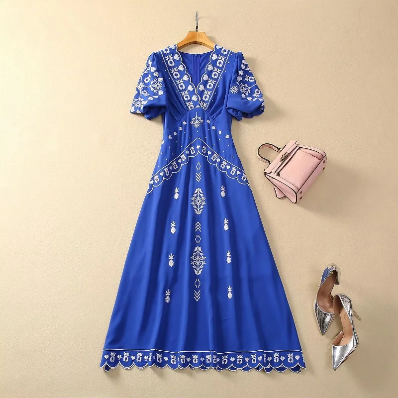 Top Quality New 2024 Spring Summer Dress Women V-Neck Lurex Embroidery Short Sleeve Mid-Calf Length Royal Blue Black Dress XXL