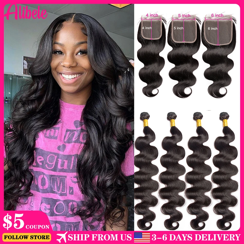 Alibele 6x6 5x5 HD Lace Closure With Bundles Malaysia Body Wave Bundles With ClosureRemy Hair Weave Bundles With 4x4 LaceClosure