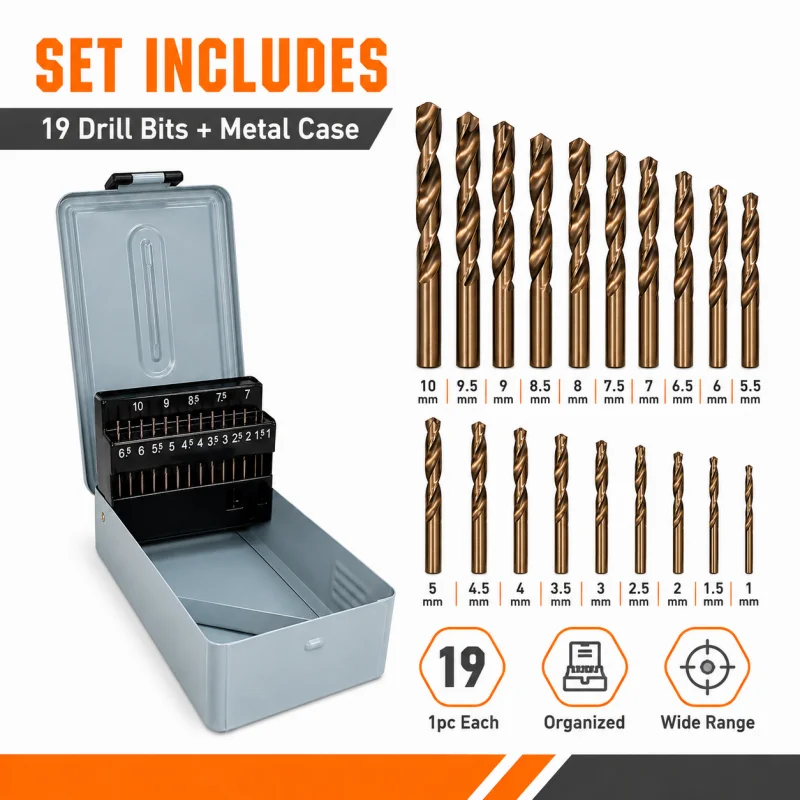 19PCS HSS Twist Drill Bit Set 1‑10mm High Speed Steel Drill Bits with Metal Storage Case for Metal Wood Plastic Drilling